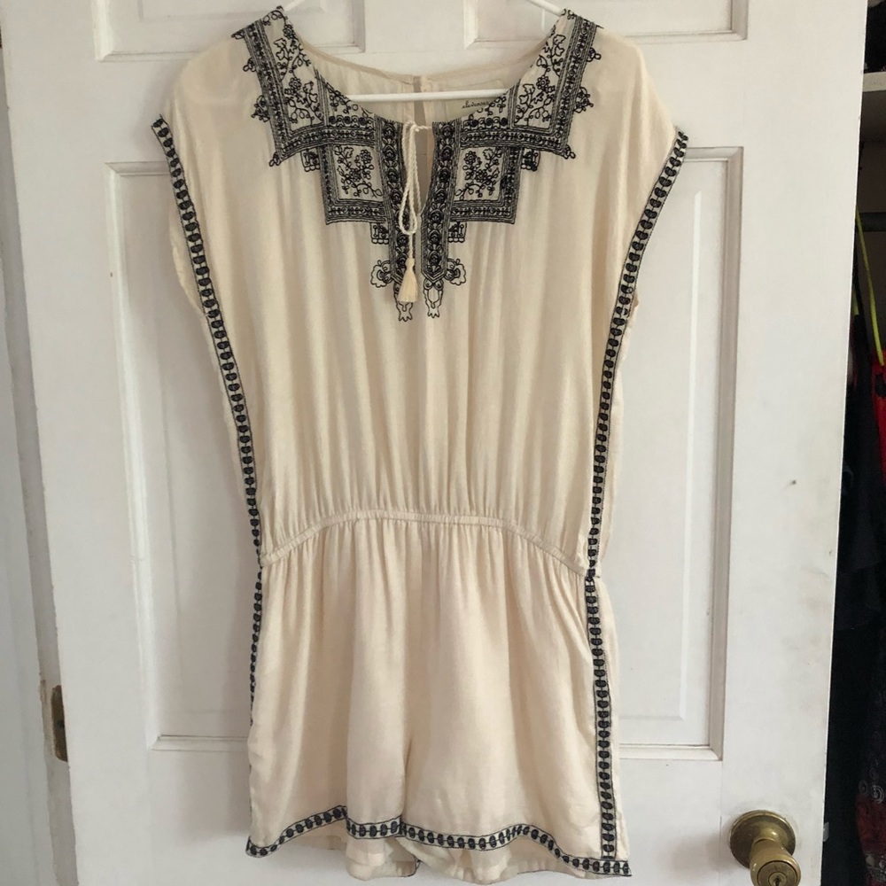 Elevenses Cream and Navy Blue Embroidered Romper